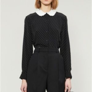 NWT Maje Calicia Crepe Blouse in Black White Polka Dots Size 2